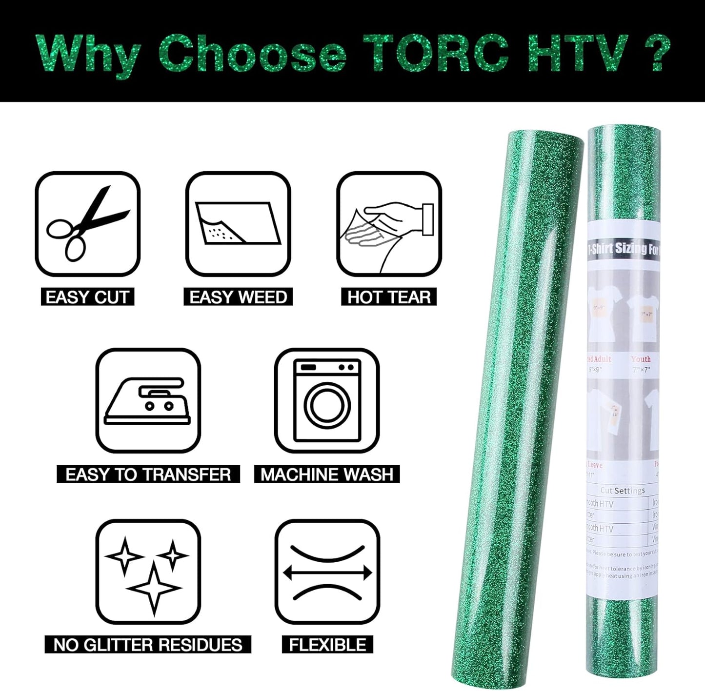 TORC Green Glitter HTV Heat Transfer Vinyl Roll 12 inch x 5 ft Iron on Vinyl for T Shirts Crafts Christmas St. Patrick's Day Decor