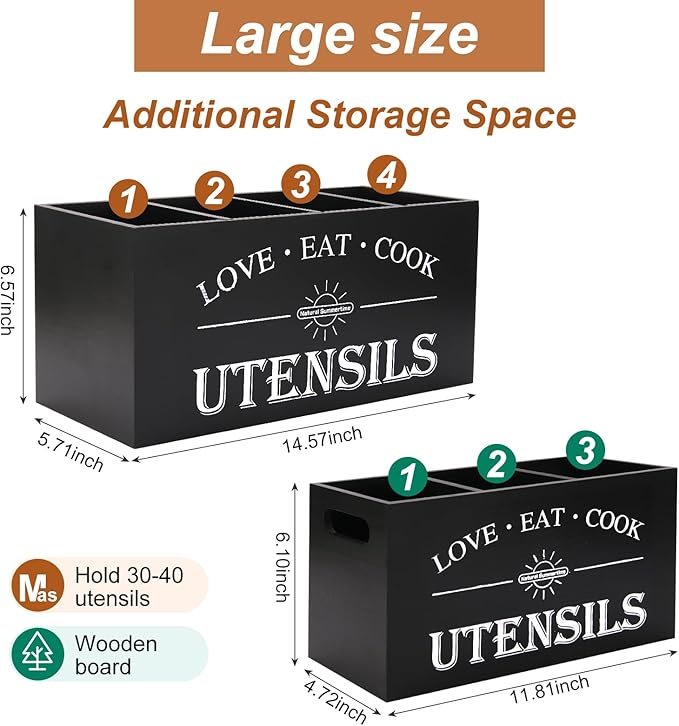 2 Pack Utensil Holder, 6.7"+6.18" Wooden Utensil Holder for Kitchen Countertop, Large Wood Utensil Organizer with Partition for Silverware and Cooking Storage, Farmhouse Kitchen Decor