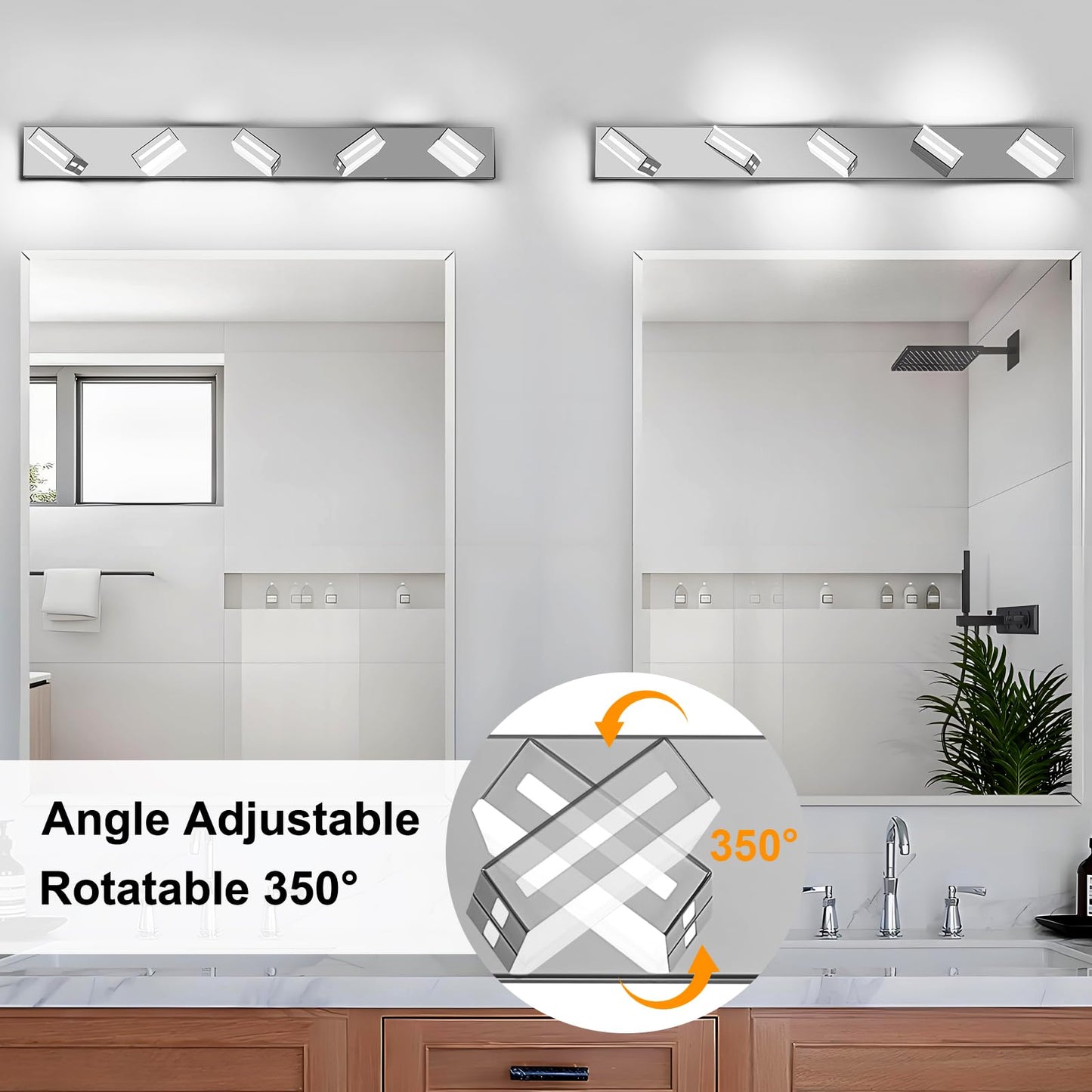 Donrao 40-Inch 5-Light Led Modern Chrome Bathroom Vanity Light Fixtures Over Mirror  Bathroom Lighting Fixtures With Cool White 6000K  Rotatable Vanity Wall Lights For Bath Restroom Powder Room