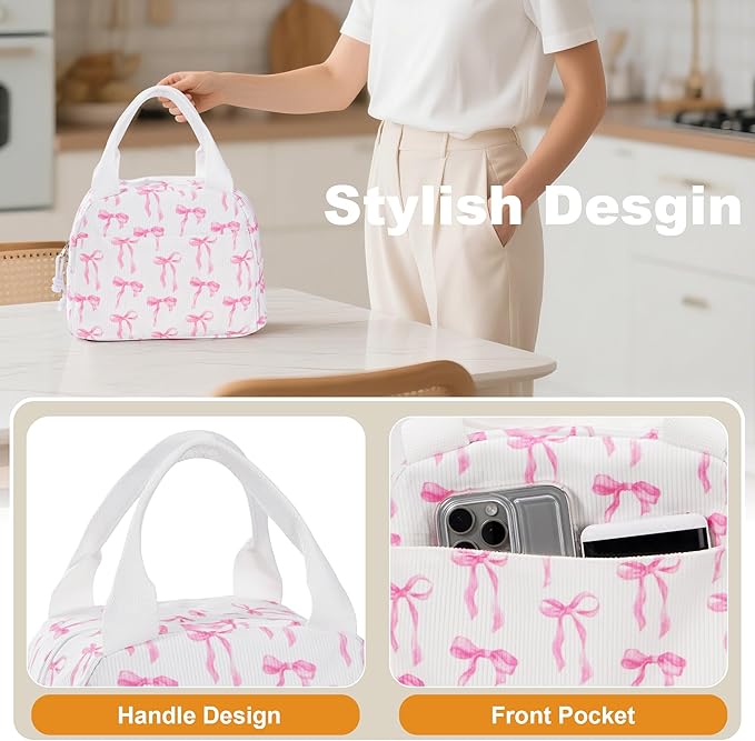 Lunch Bag for Women Ribbon Bow Insulated Lunch Box Reusable Cooler Bag Portable Cute Corduroy Leakproof Tote Bags for Travel, Work, and Picnic