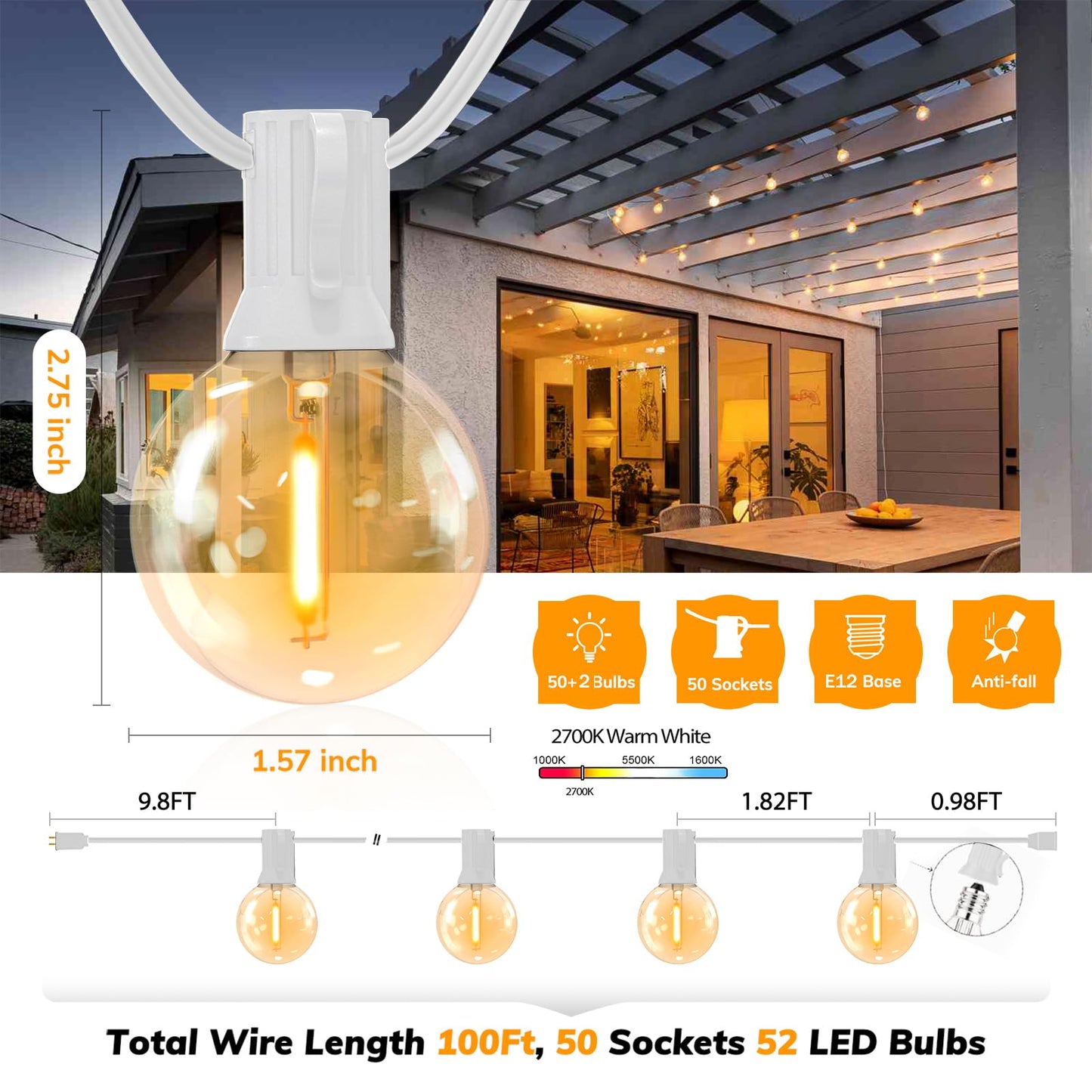 Achin Outdoor String Lights G40 Globe 100FT 50+2 LED Bulbs Waterproof Dimmable White Wire 2700K
