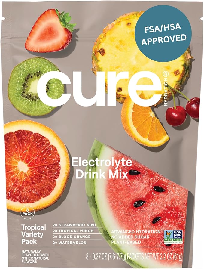 Cure Hydration | Plant-Based Electrolyte Drink Mix | No Added Sugar | FSA-HSA | Dehydration Relief Powder Made with Coconu...