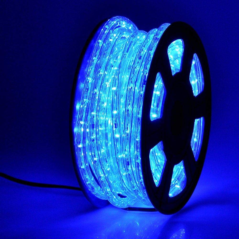 DINGFU 50ft 360 LED Waterproof Rope Lights, Blue, PVC Tube & Copper Wire, Model MHH077, Indoor/Outdoor Use