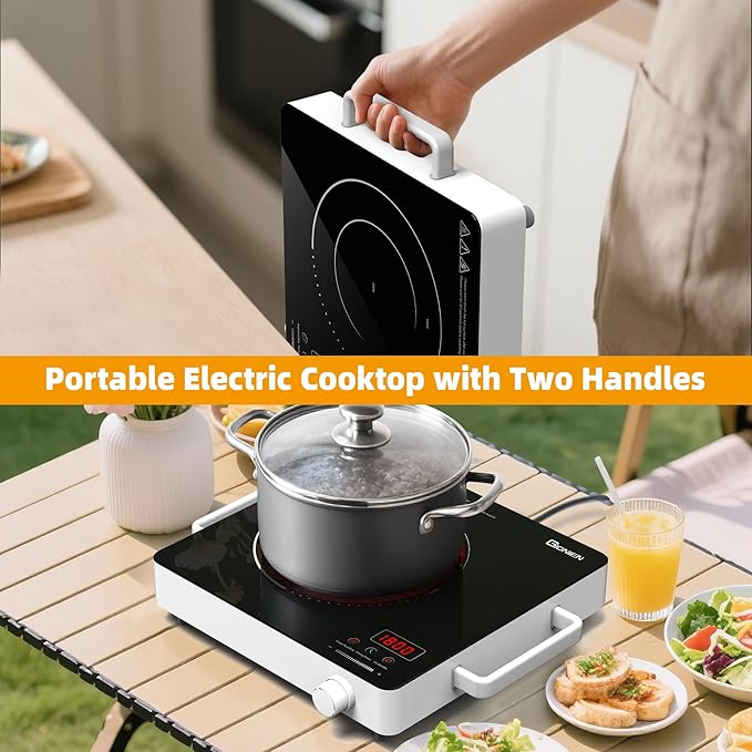 GIONIEN Electric Cooktop 1 Burner 110V, Portable Electric Stove with Handle, Ceramic Countertop Burner, Knob Control, ‌3-hour Timer, Safety Lock,3 Heat Modes,1800W