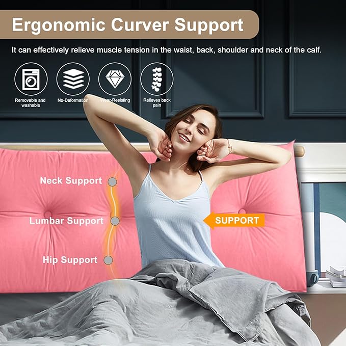 Large Triangular Headboard Pillows Long Backrest Positioning Support Bolster Cushion for Daybed Fluffy Quality Plush Body Wedge Pillow with Removable Cover(Pink -Full-54x8x20in)
