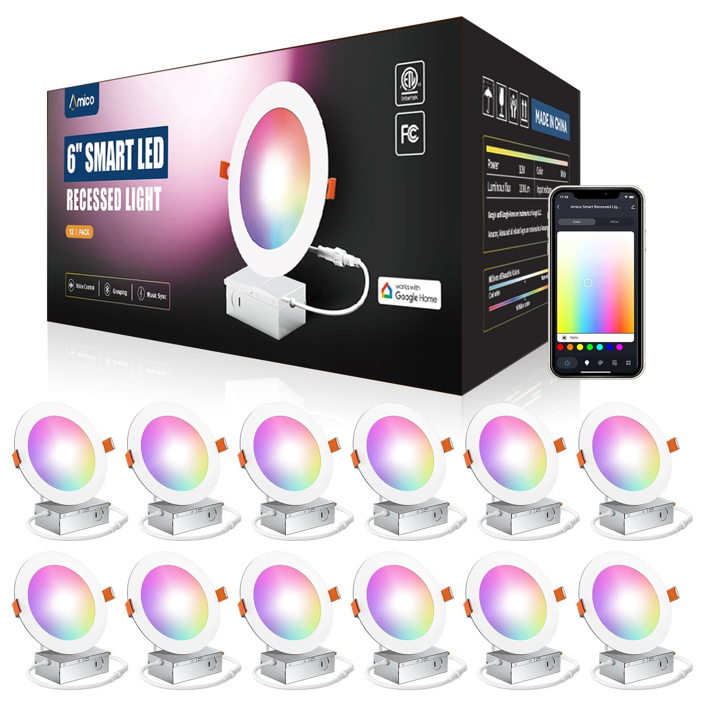 Amico 12W Smart LED Recessed Lighting, WiFi Canless Downlight, 6 Inch, RGB Color Changing, Model DC08-DR6-12W120-CCT+W