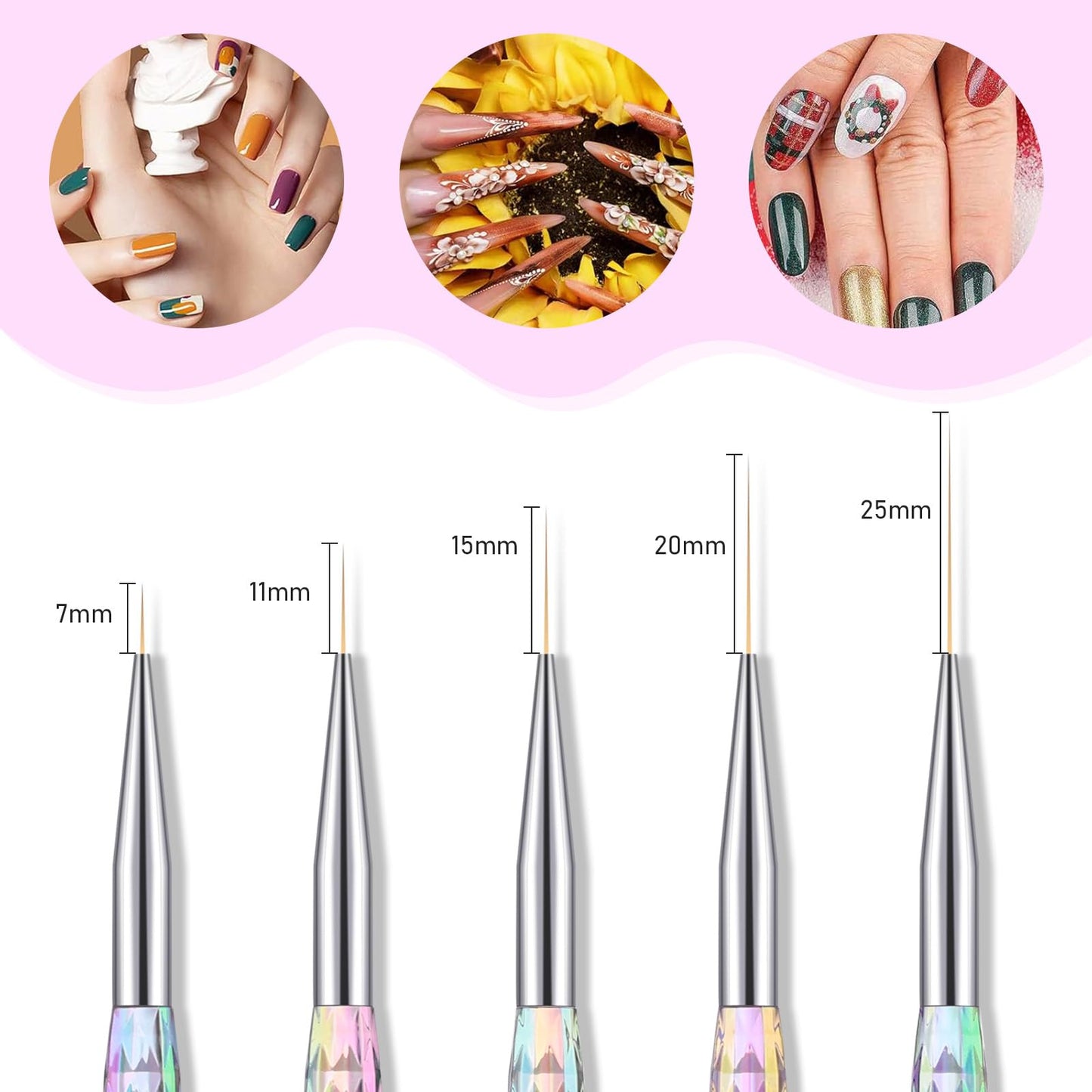 5PCS Nail Art Liner Brushes - Liner Brush For Nail Gel Fine Drawing,Thin Liner Nail Brush Set Size 7/11/15/20/25mm Striper Brush