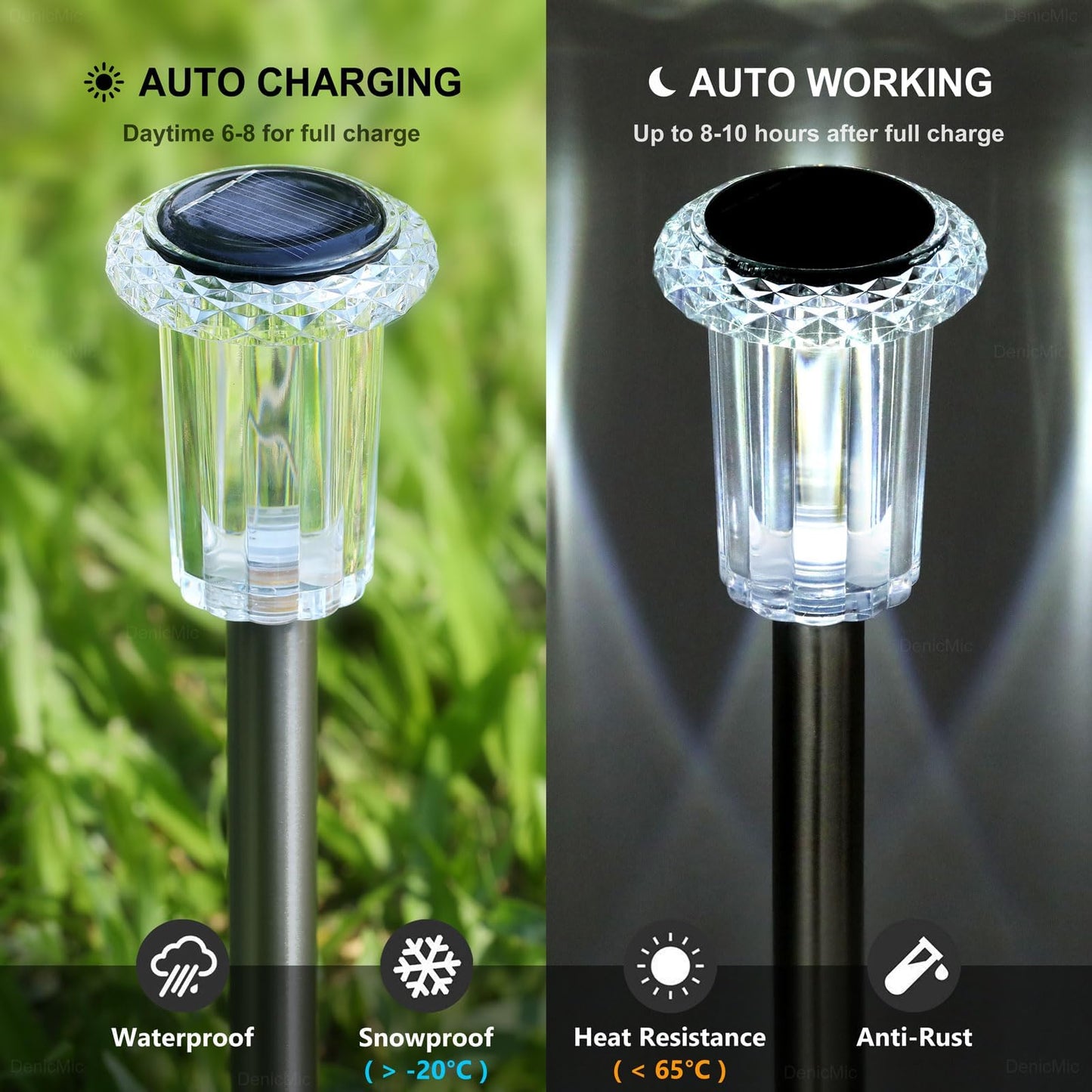 DenicMic Solar Lights Outdoor 10 Pack Waterproof 6000K Cold White LED Stainless Steel Stake Outside Lights for Yard Pathway Garden Driveway Walkway Landscape Path Lighting