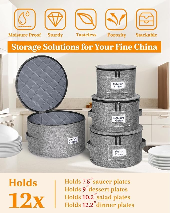 punemi Rigid China Storage Containers 5-Piece Set with Dividers, Quilted Stackable Plate & Dish Storage Protectors, Adjustable Mug and Cup Storage Organizer for Moving and Dinnerware storage, Grey