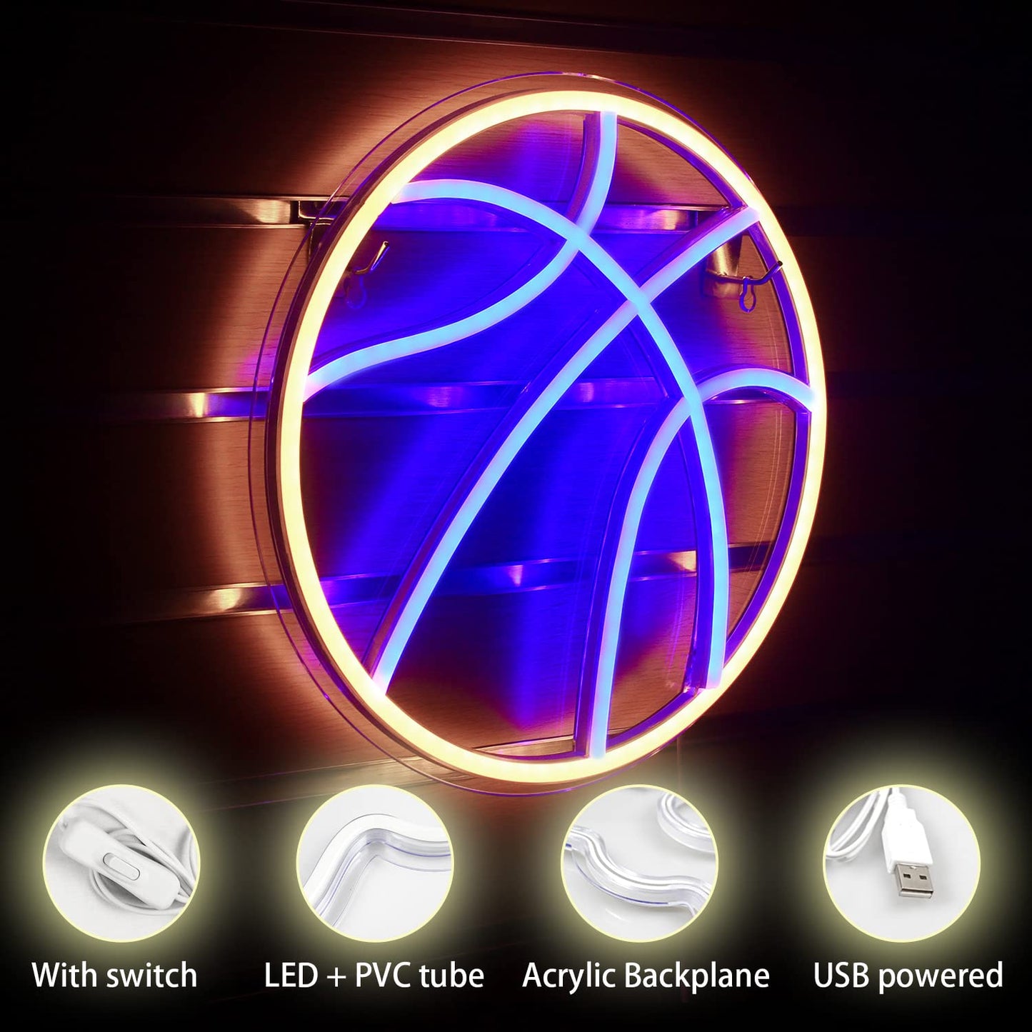 Wanxing Basketball Neon Sign LED Light for Room, Blue & Yellow, Model NS-WX-038, Plastic Material, Cool Wall Decor for Kids Gift