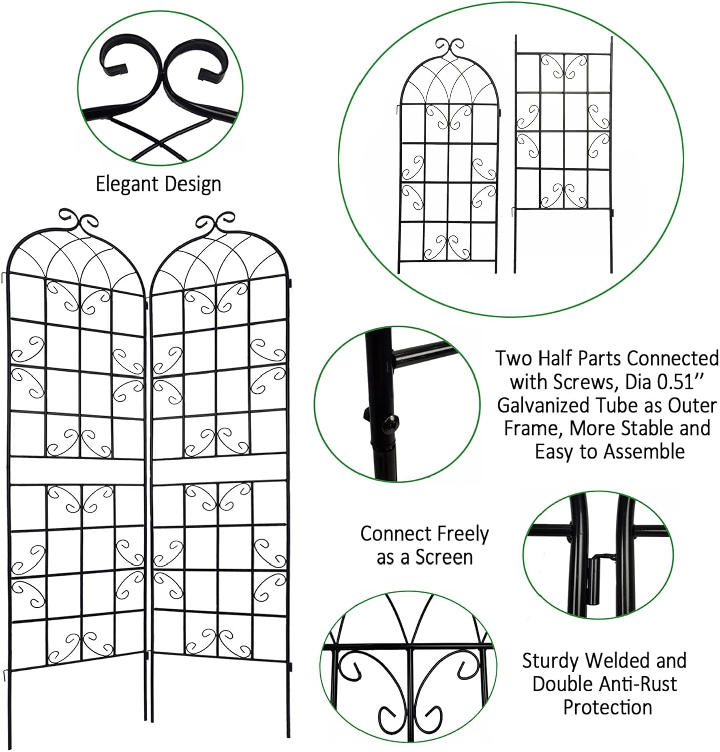 6 Pack Metal Garden Trellis for Climbing Plants, 86.7" Tall Rustproof Outdoor Trellis Panel with Vine Design, Decorative Black Iron Plant Support for Vine, Rose, Flower, Garden Wall