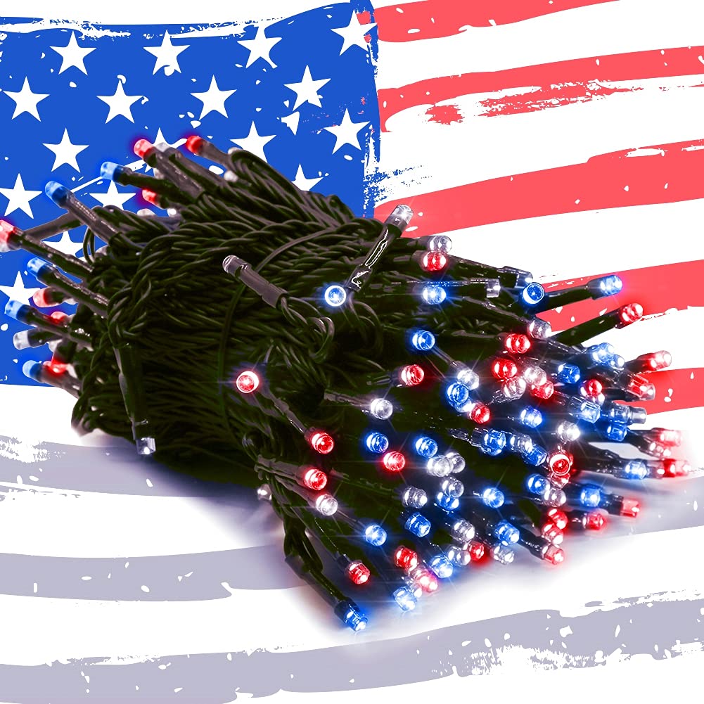 HOME LIGHTING 66ft LED Fairy String Lights, 200 Bulbs, 8 Modes, Green Wire, Red & Blue & White