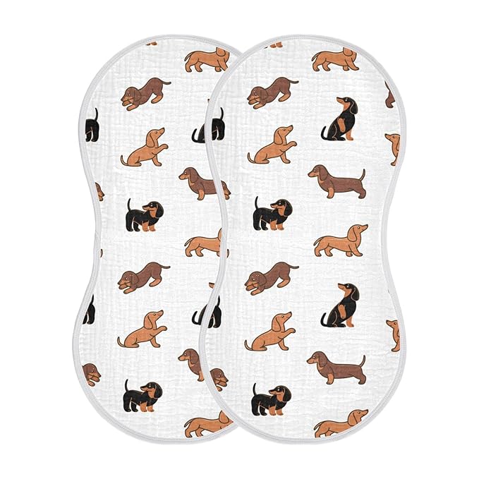 Muslin Baby Burp Cloths Set of 2, Soft Absorbent Cute Dogs Dachshunds Muslin Washcloths, Bibs, Face Towel for Newborn Boys Girls, 22 x 11 Inch