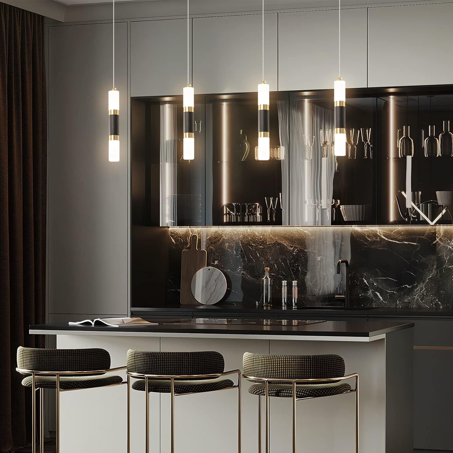 Liangmh Modern Kitchen Island Light Fixture Dimmable Led Black Mini Pendant Light Bedroom Bedside Table Black Gold Small Pendant Lighting (3-Pack)