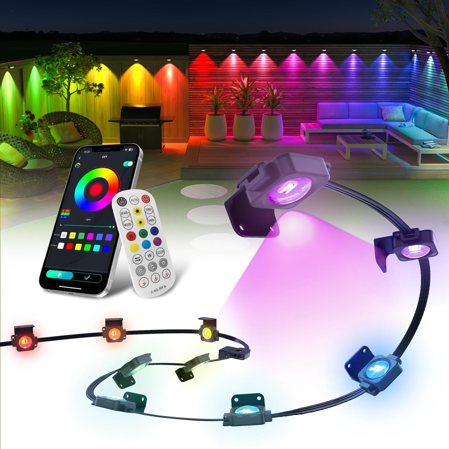 Super RGB Outdoor Lights 100Ft 60LED, Smart RGB-IC with Remote & App Control, Multicolor & White, PVC, Black