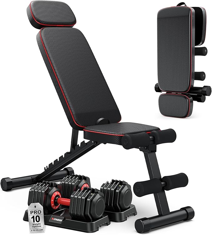 Rendpas 25/55LB Adjustable Dumbbells and Workout Bench,10 Backrests Adjustable Weight Bench with Extended Headrest, 800LBS...