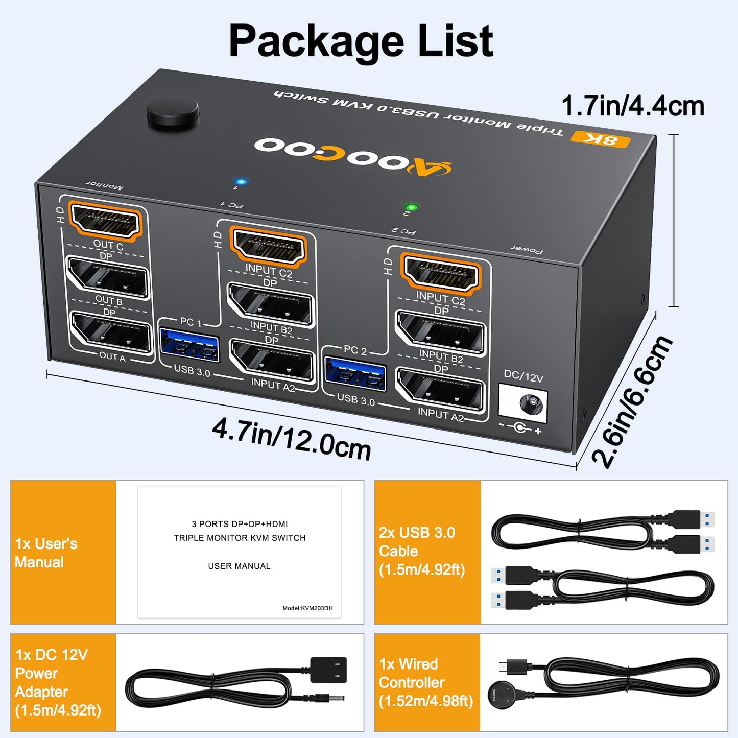 8K@60Hz HDMI Displayport KVM Switch 3 Monitors 2 Computers 4K@144Hz Triple Monitor KVM Switches with USB 3.0 Port,Wired Remote,Power Adapter and USB3.0 Cables Included(2 PC 3 Monitor 8K DP HDMI KVM)