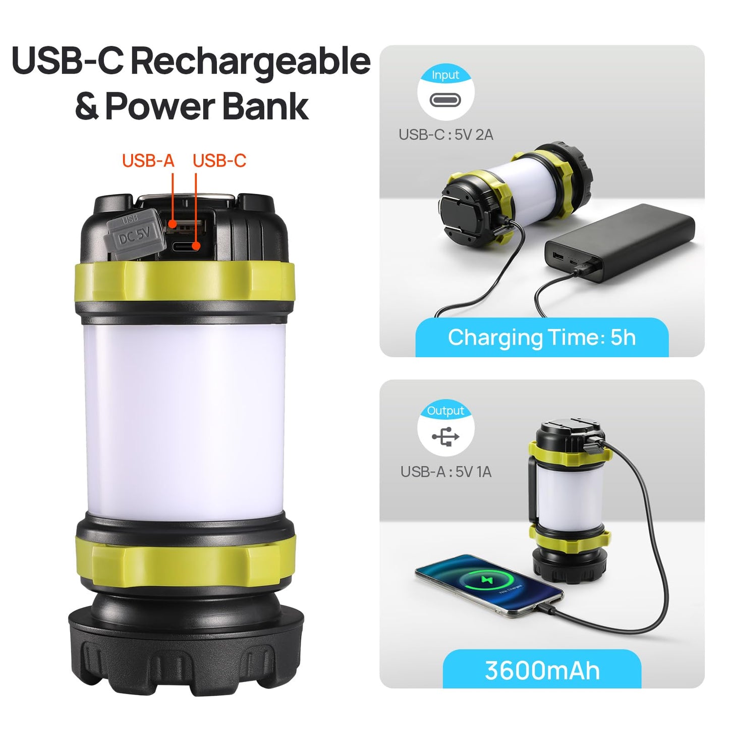Consciot LED Camping Lantern Flashlight, Rechargeable, 3600mAh Power Bank, IPX4 Waterproof, Light Green, Model AOL007-US, 1 Pack