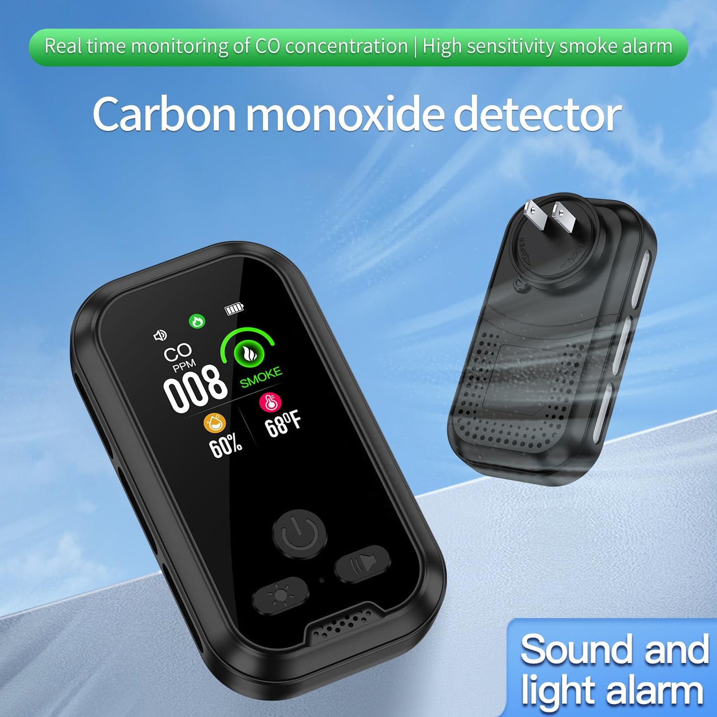 HAKINAKU 4IN1 Plug in Smoke & Carbon Monoxide Detector Combination Builti-in 2000 mAh Backup Battery HD Screen [Smoke CO Temp Humidity Sensor] Alarm for Home Travel Hotel Indoor (Black)