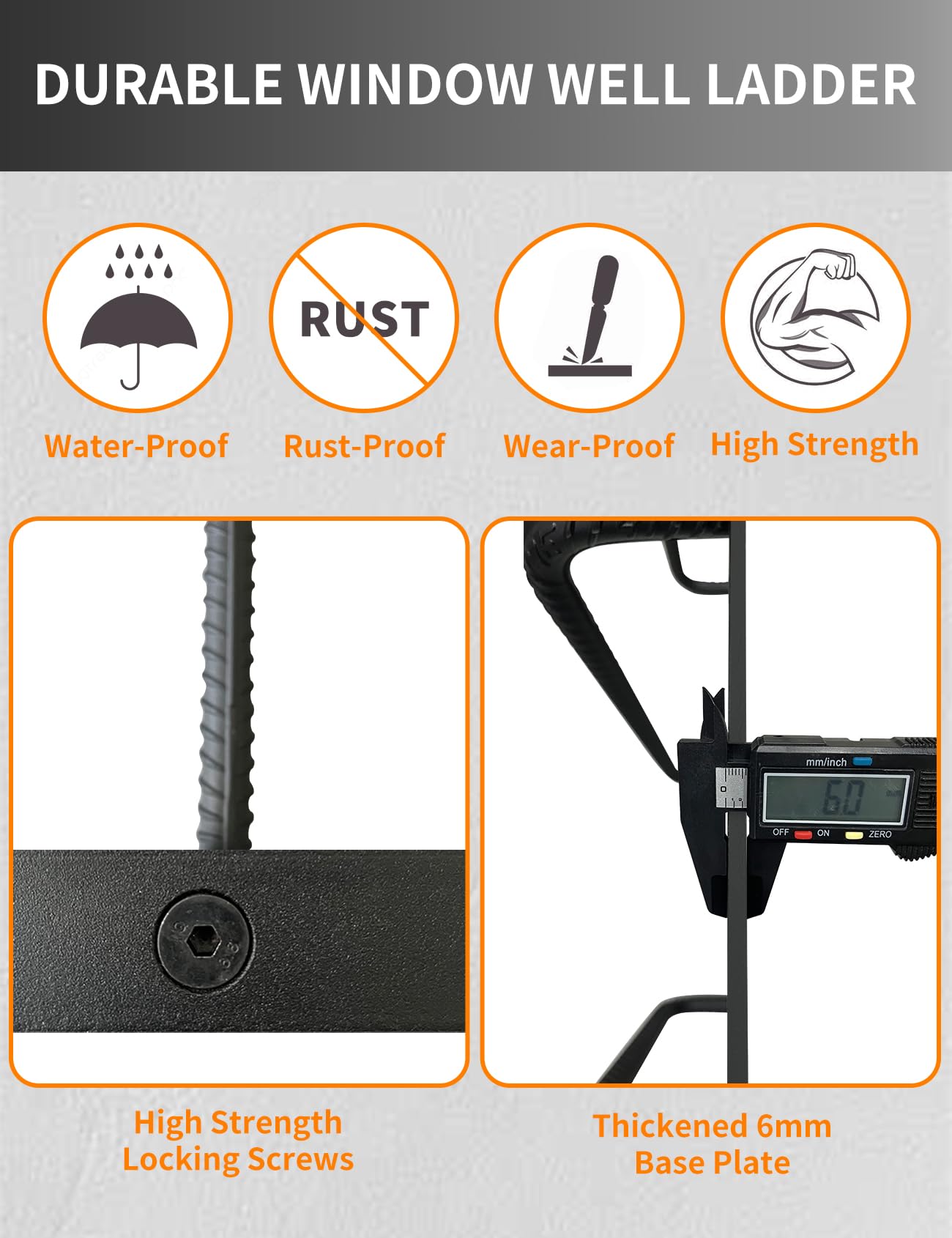 4-Rung Window Well Ladder, Heavy Duty Steel Basement Egress Ladder, Fire Escape Ladder for Emergency Home Safety(45.2" Lx17.9 W, Straight, Matte Black)