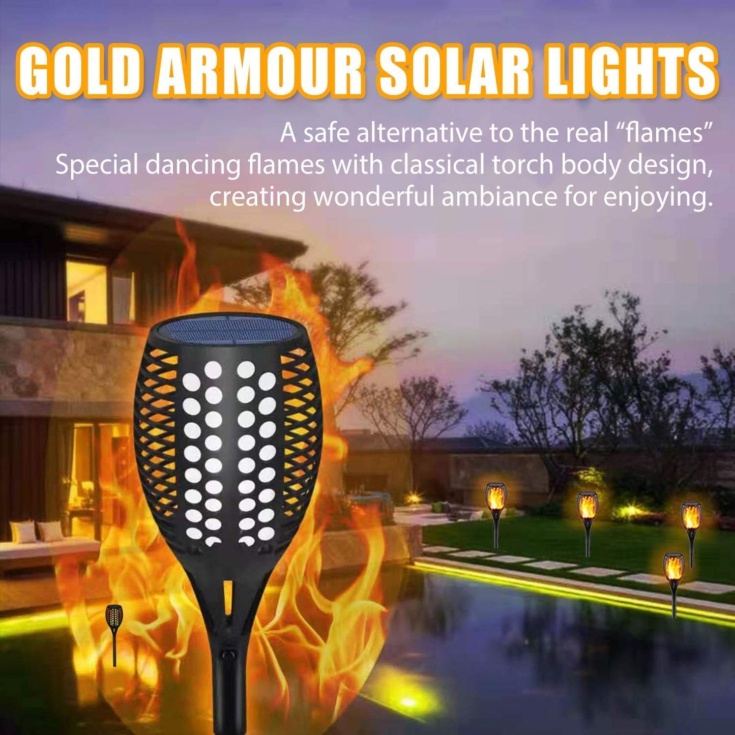 Gold Armour Solar Path Lights - 96 LED Flickering Flames Torch - Pack of 2 - Black - Waterproof Outdoor Garden Lighting