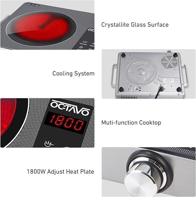 OCTAVO 1800 Watt Portable Infrared Burner, electric burner with 4 Hours Timer, Electric Hot Plate Touch Control Panel Adjustable Heating Power, Glass Cooktop for Cooking