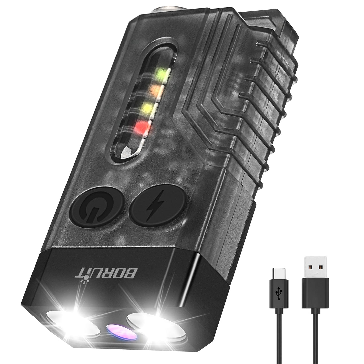 BORUIT V10 Keychain Flashlight, 1000 LM, USB C Rechargeable, 14 Modes, 67*35*15mm, Polycarbonate, Black
