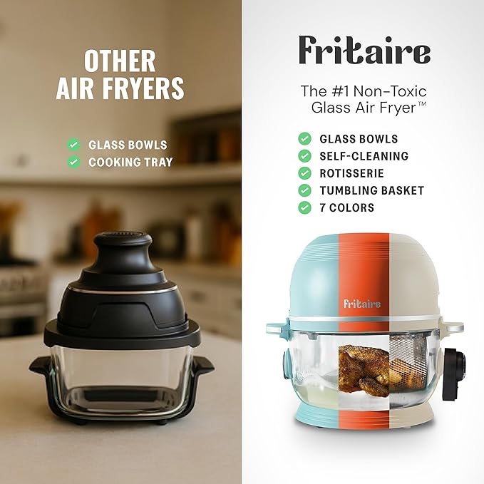 Non Toxic Air Fryer™ - Glass AirFryer 5 Quart w/ 360 Visibility, Self-Cleaning, 400F Vortex Air Fryer for Even Cooking, BPA-Free Teflon Free, 9-in-1 Functions, Rotisserie, Roast, Bake, Mauve Rose