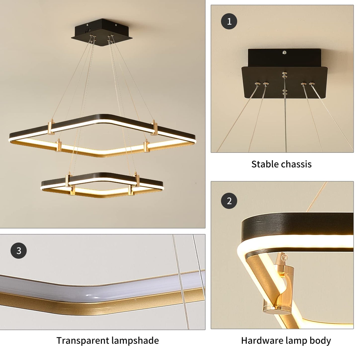 Siittoo Modern Black Chandelier Dining Room Light Fixture  96W Dimmable Led Modern Pendant Light  2-Ring Rectangular Chandelier Hanging Light Fixture For Kitchen Island Living Room Hall  F=24+16