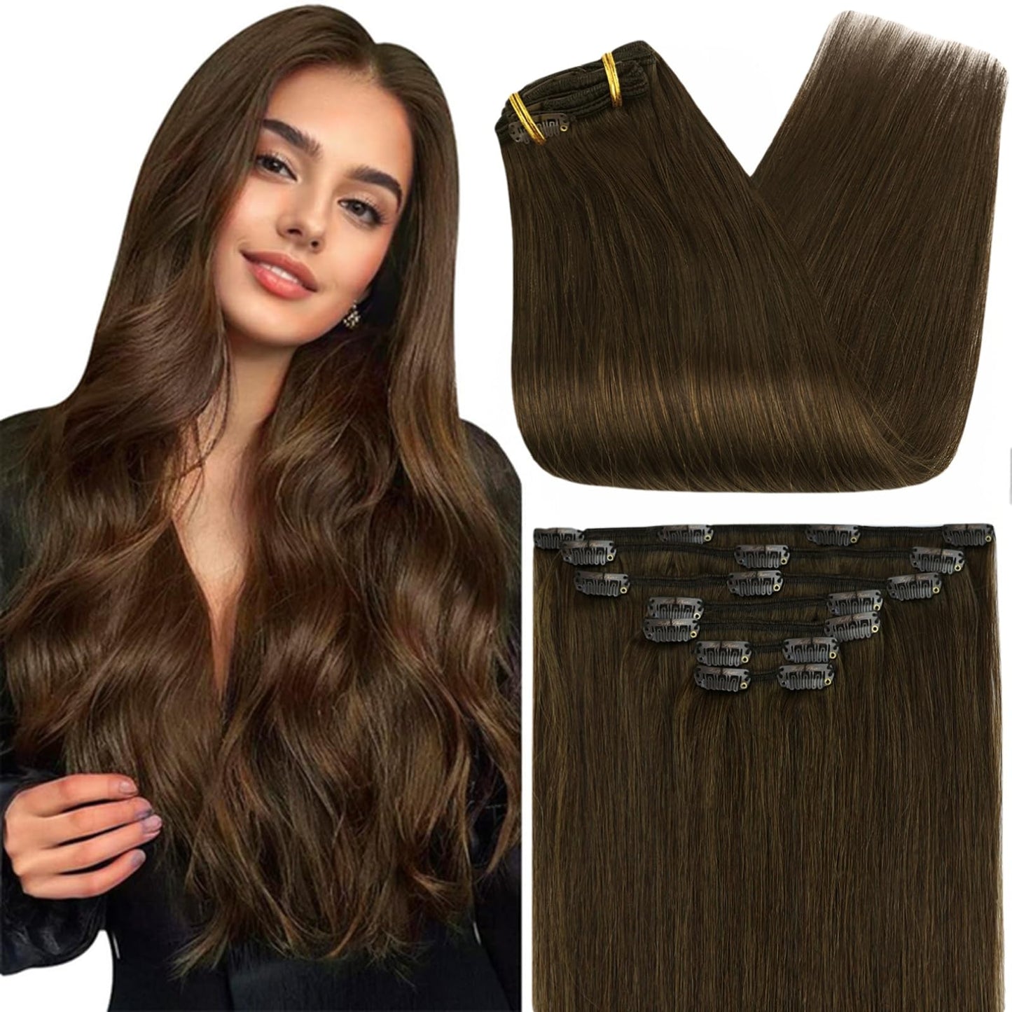 Full Shine Brown Clip in Human Hair 7 Pcs Natural Brown Clip in Extensions Real Human Hair Triple Weft Clip in Hair Extensions B