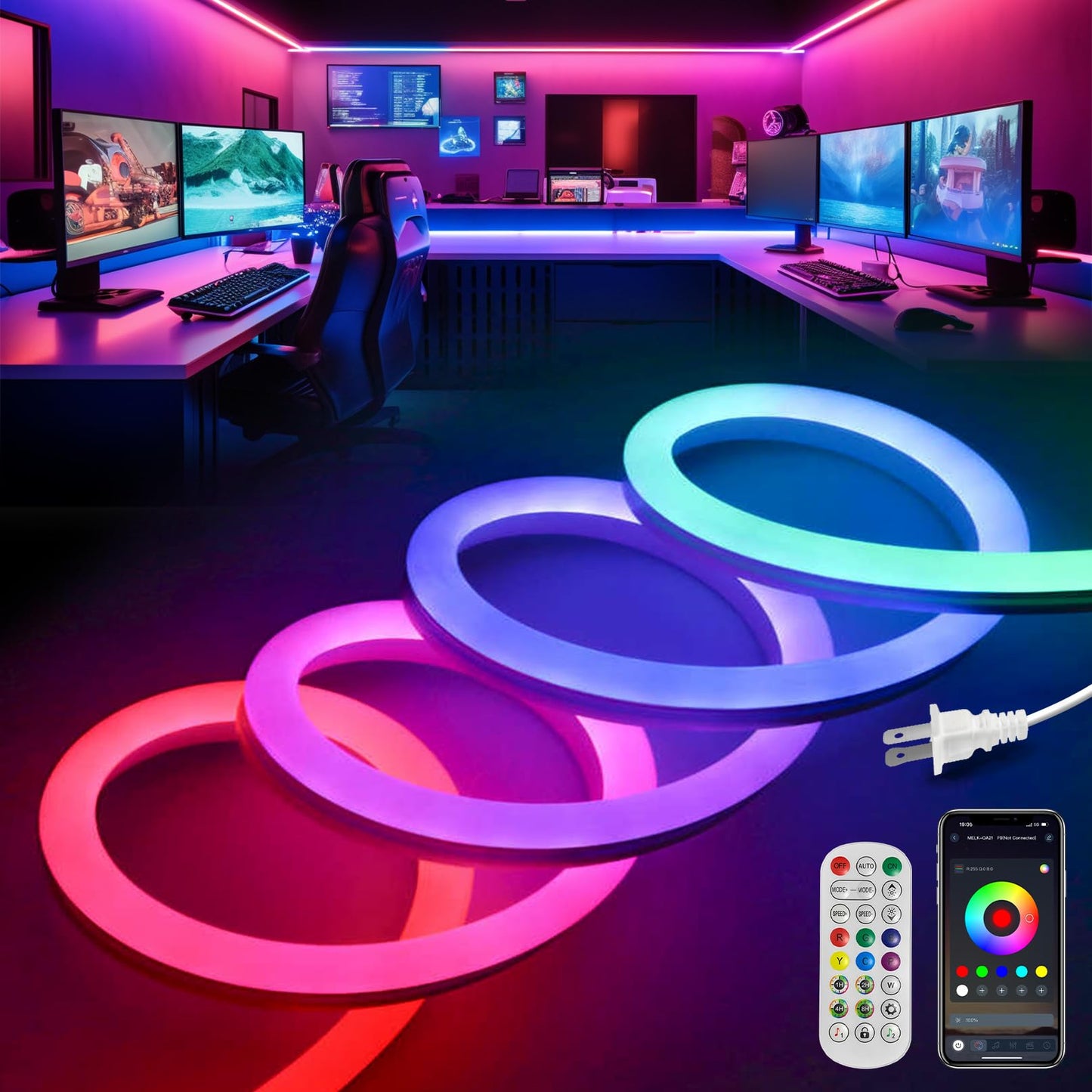 VOEWT LED Neon Rope Lights, IC+RGB, 65.6FT, App/Remote Control, Outdoor IP65 Waterproof, Model D661