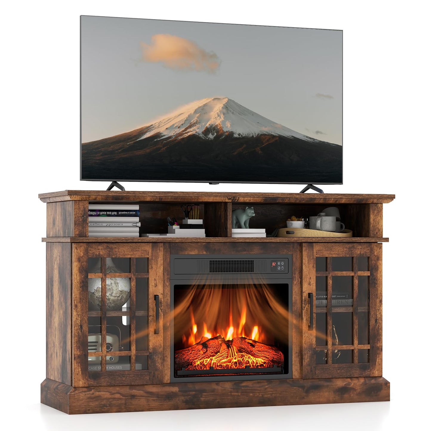 Simoe Fireplace Tv Stand For 55 Tv, 48 Inch Stand With 18 Inch Electric Fireplace Heater, Mondern Console W/Cabinets & Doors, 6H