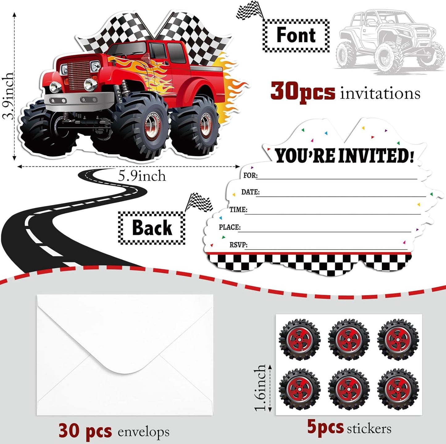 30 Sets Monster Truck Birthday Christmas Invitations with Envelopes Stickers Race Car Invitations for Boy Kids Birthday Party Supplies Decoration