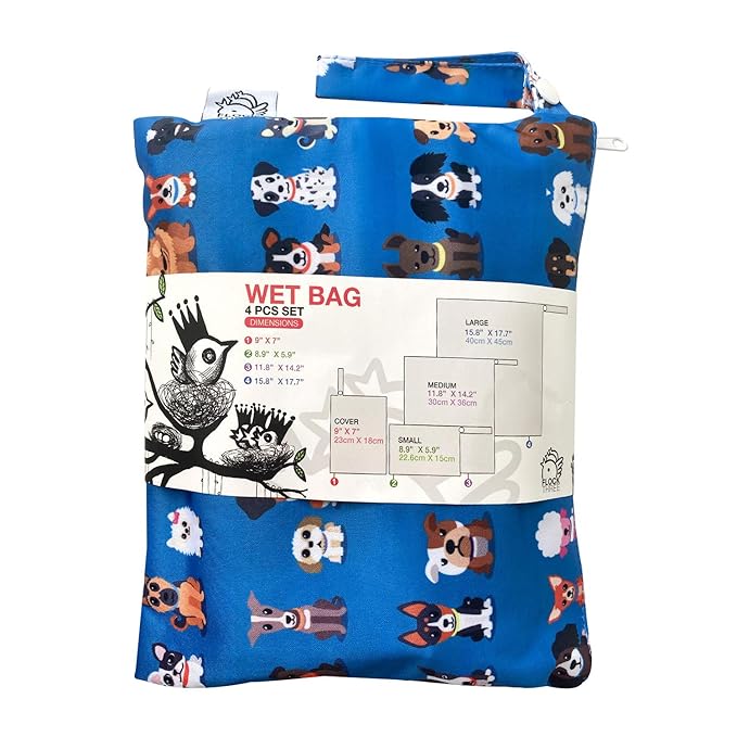 FLOCK THREE 4pcs Waterproof Wet Bag Reusable for Wet Clothes Baby Diapers Stroller Swimsuit Travel Reusable toiletries Pouch Small and Larger Electronics case 4 Pack (Cute Dog)