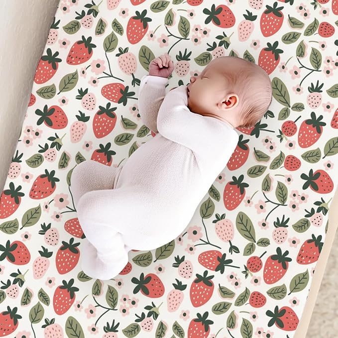 Cartoon Strawberry Flowers Leaves Baby Changing Pad Cover,Unisex Fruits Nursery Diaper Changing Table Pad Mat Sheet for Boys Girls-16x32