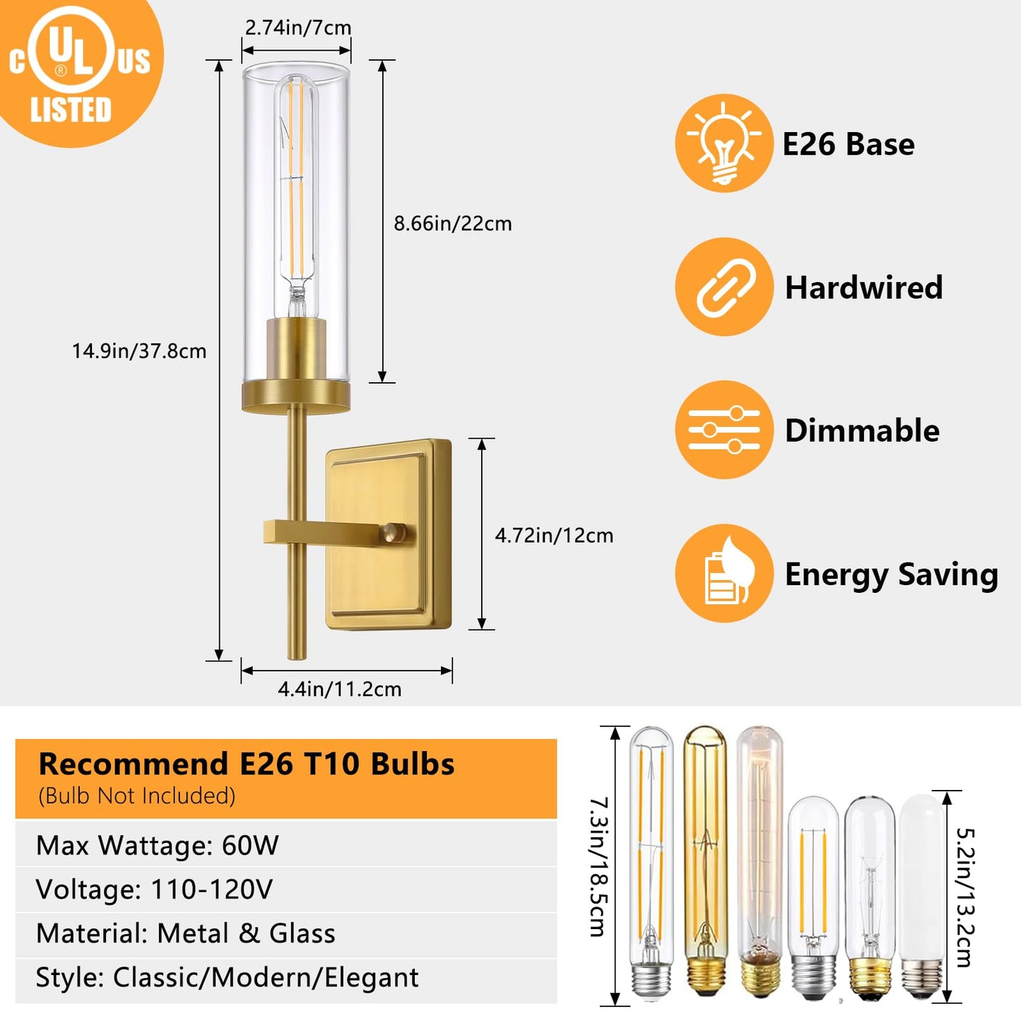 Spiglamm Wall Sconces Lighting Set of 2, Hardwired Bathroom Vanity Fixture, Clear Glass Shade, Gold Finish, Model 2P-DTCGS-Gold