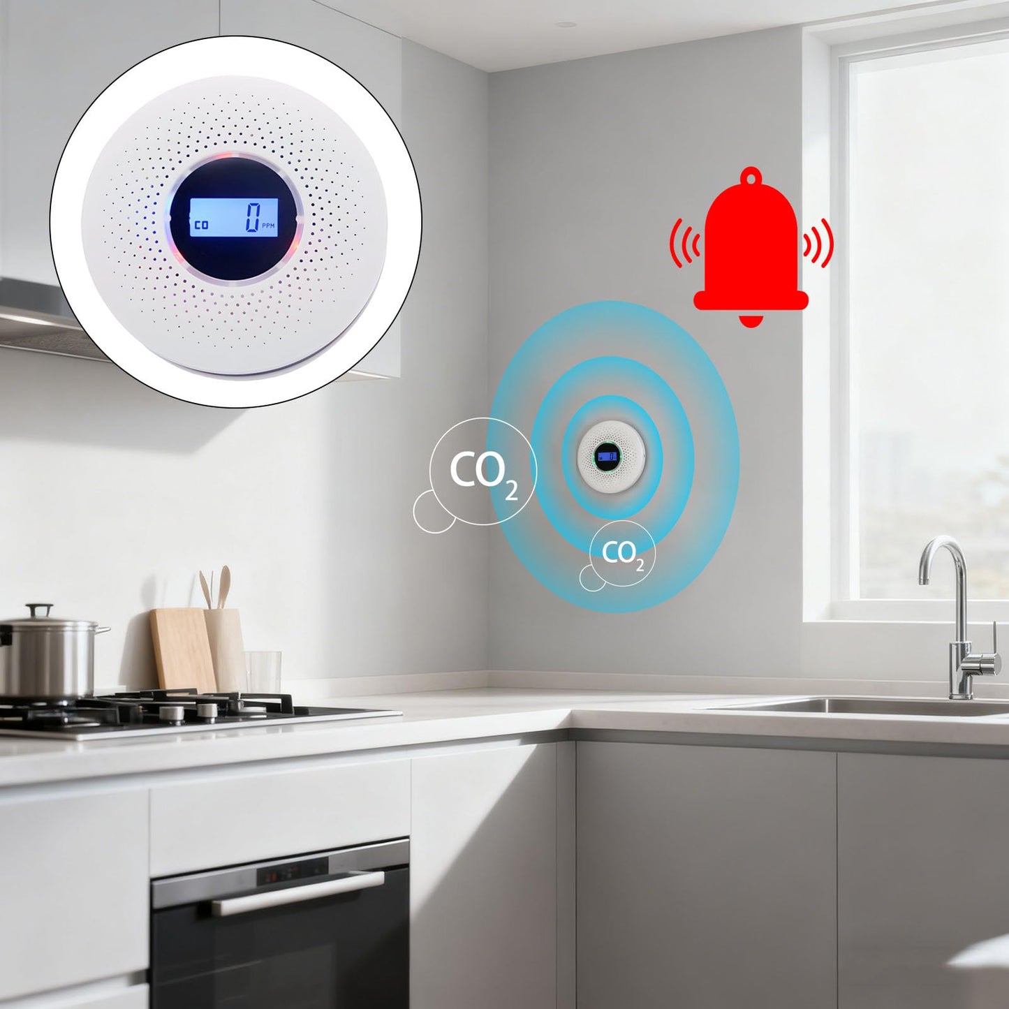 Exhaust Alarm with Visual LCD Display Double Transducer Detection Structure Loud 85dB Alarm for Indoor Observing Carbon Carbonmonoxide Exhaust Transducer Combination