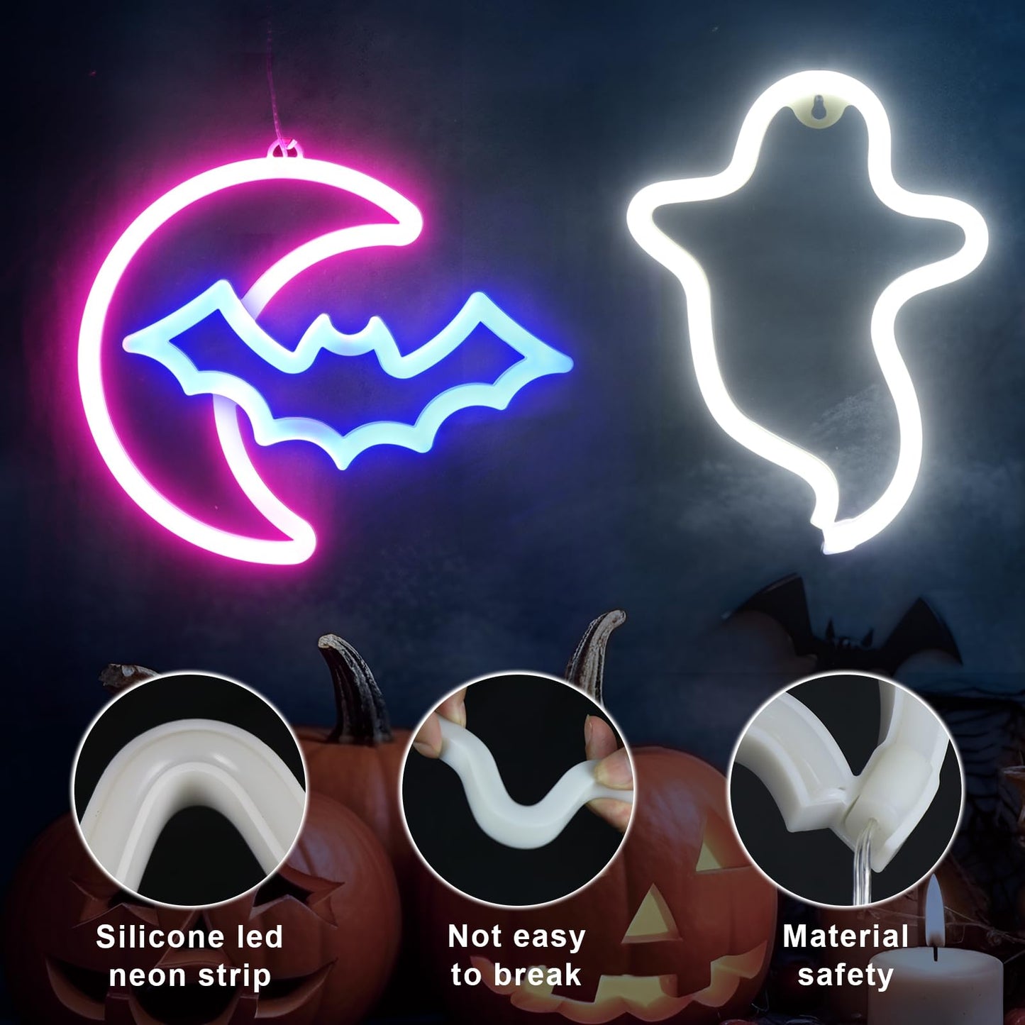 Brightdeck 2 Pack Halloween Neon Signs  White Ghost  Blue Bat Full Moon Neon Lights Decorations  Usb/Battery Powered Led Neon Sign For Halloween Wall Decor  Bedroom  Kids Gift  Living Room  Bar  Party (Half Moon)