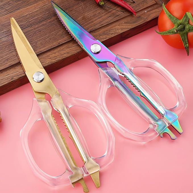 Jasni Transparent Handle Stainless Steel Sharp Powerful Kitchen Scissors Multi-Purpose Heavy Duty Food Scissors Kitchen Shears Chicken Poultry bone fish scales (White handle Gold blade)