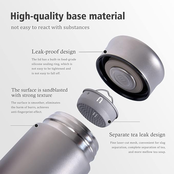Boundless Voyage Titanium 300ml/450ml Vacuum Water Bottle with Tea Filter Double-Walled Lightweight Leak-Proof Sport Water Bottle for Travel Outdoor Office (15 fl oz)
