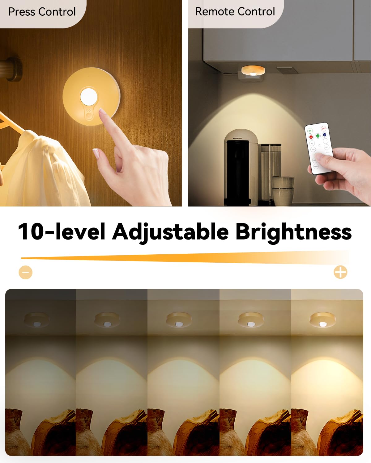 Aokpsrt Rechargeable RGB Puck Lights, Remote Control, Dimmable, 6 Packs, Gold, Battery Operated, Plastic