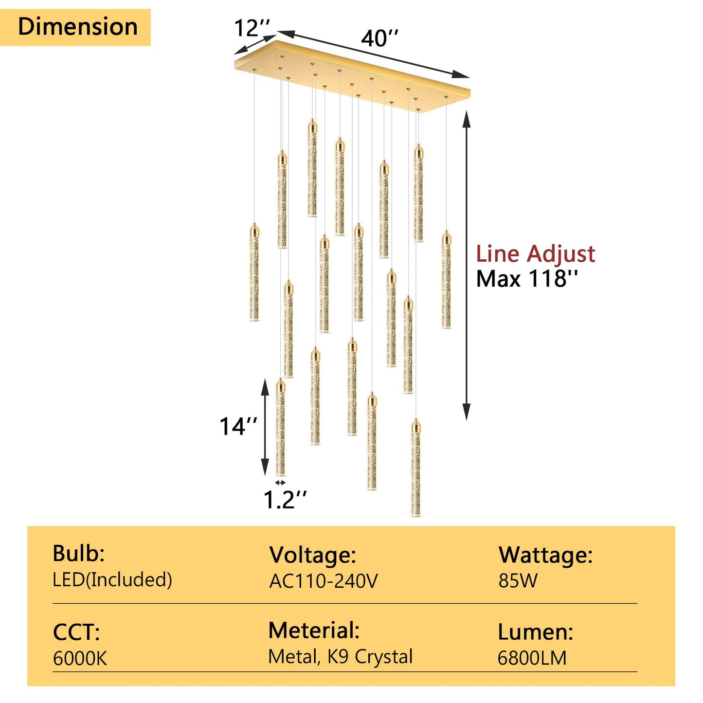 Rectangular Chandeliers 17-Lights Long Light For Entryway Led Dimmable Chandeliers Lighting Fixture Flat Sloped High Ceiling Pendant Lights Crystal For Living Room Foyer Hallway Staircase Gold