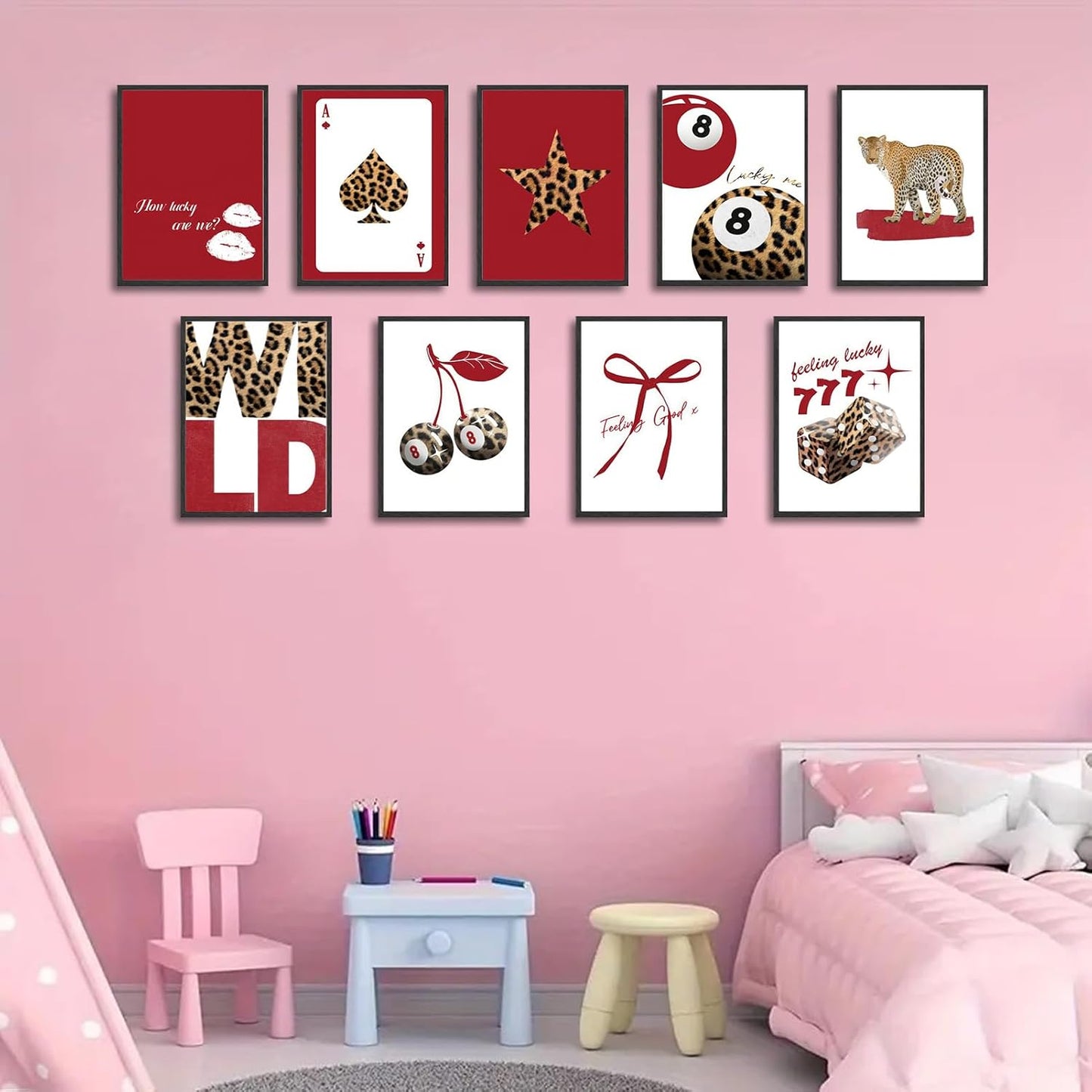 9Pcs Trendy Red Leopard Wall Art Prints Funky Lucky 8 Ball Posters Preppy Cheetah Aesthetic Wall Decor Pictures Girly Bedroom Apartment Dorm Unframed 8x10in