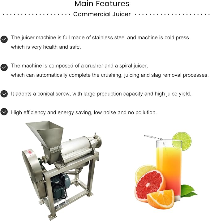 220V 3PH Commerical Fruit and Vegetable Juicer 0.5T/H Stainless Steel Fruit Juice Extractor Machine Industrial Automatic Spiral Multi-Functional Juicer 1500W