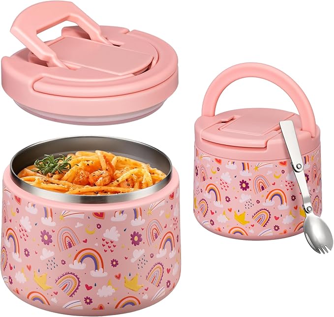 Kids Thermo for Hot Food, 14oz Insulated Soup Jar, Stainless Steel Lunch Box with Leakproof Lid & Spoon, Vacuum Insulated Bento Container (Rainbow)