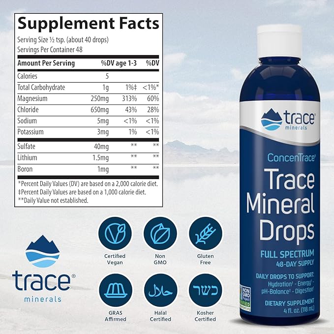Trace Minerals ConcenTrace Trace Mineral Drops - Liquid Supplement for Bone & Joint Support - Aids Hydration & Electrolyte Restoration - Unflavored-Original, 4 fl oz (48 Servings)