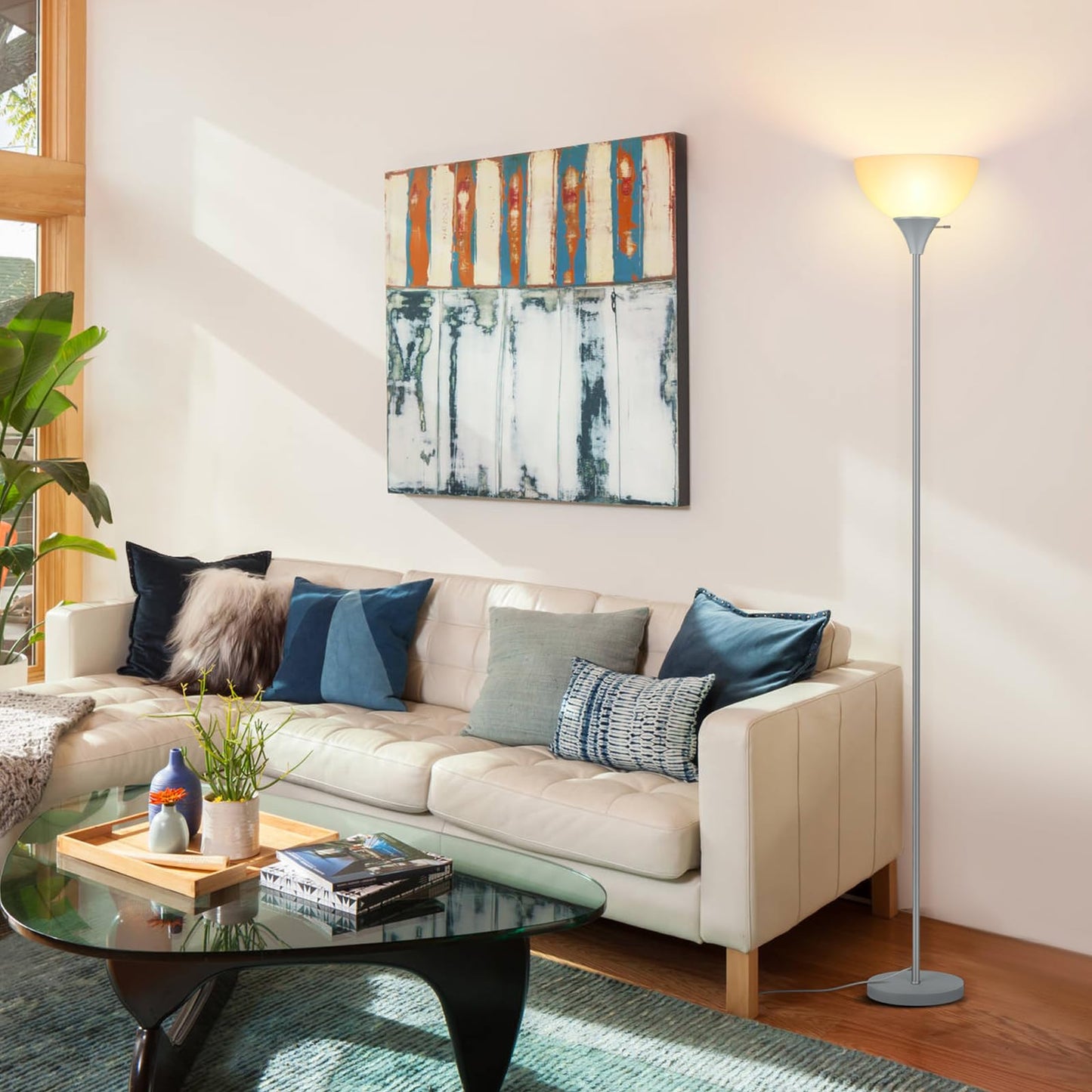 Coucrek Floor Lamp  Led Standing Lamps With White Plastic Shade  Corner Floor Lights For Living Room Bedroom  Rotary Switch  Bulb Not Included  Grey