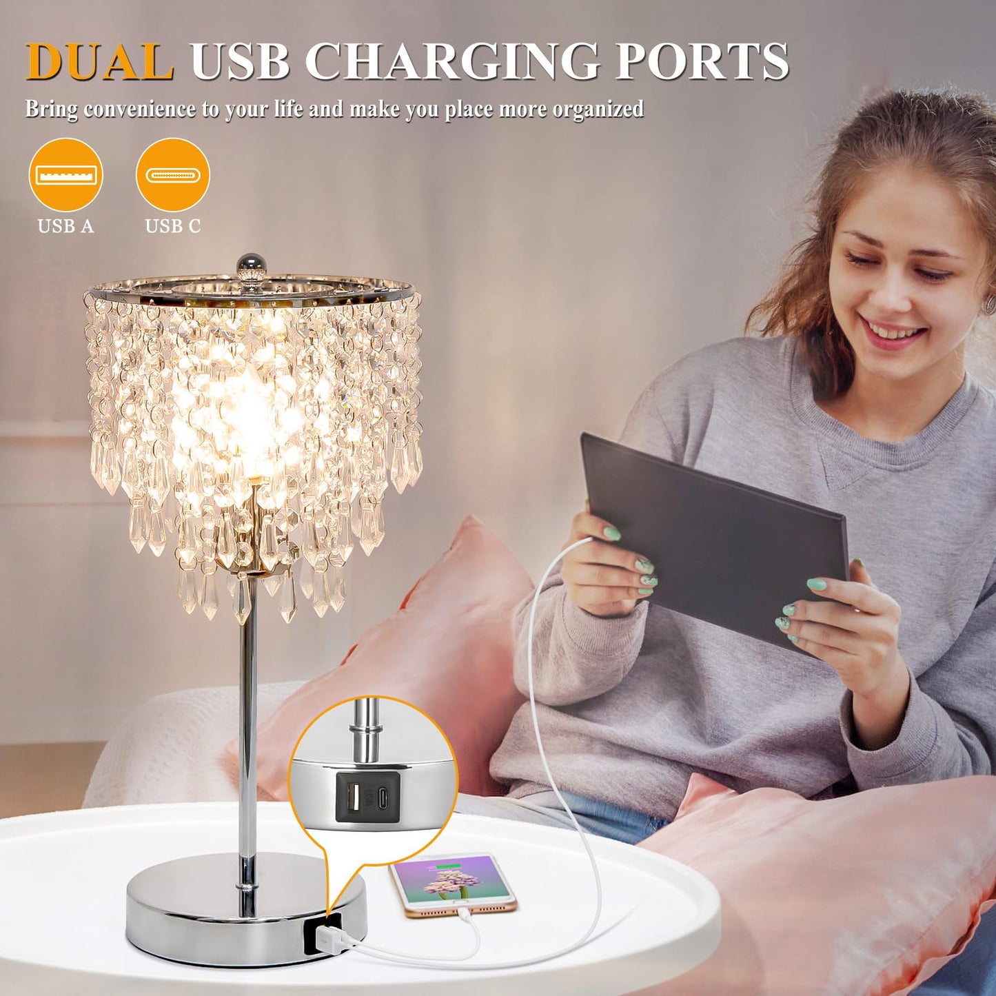 Seaside Village Touch Control Crystal Table Lamp, 3-Way Dimmable, Dual USB Charging Ports, Silver, Model 13047