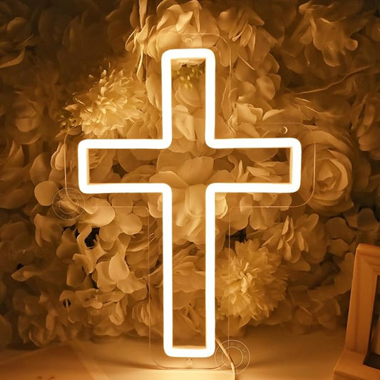 SYLHOME Cross Led Neon Light Sign Kids Bedroom Nursery Wall Sign Decor Christening Baby Shower Wedding Birthday Party Back...