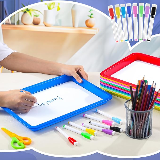 Magnetic Dry Erase Activity Trays Set 9.44 x 13 Inches Classroom Stackable Magnetic Trays with 8 Colorful Dry Erase Markers Letter White Board for Kid Teacher Supplies (6 Pcs,Bright Colors)